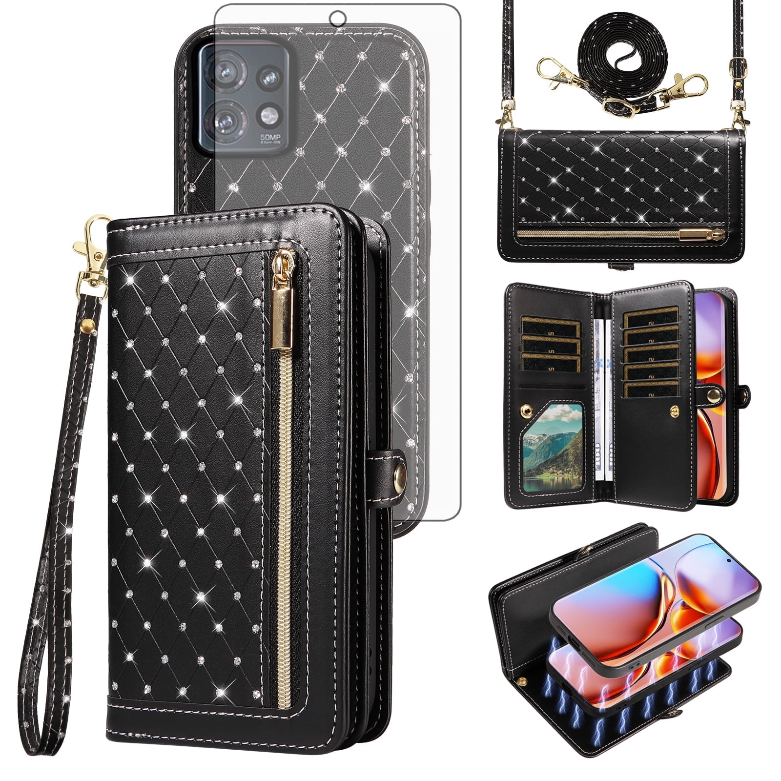 Phone Case for Motorola Edge+ Plus 2023/Edge 40 Pro 5G/Moto X40 Zipper Wallet Detachable Cell Cover with Tempered Glass Screen Protector Crossbody Lanyard Strap Glitter Flip Card Holder Slot Black