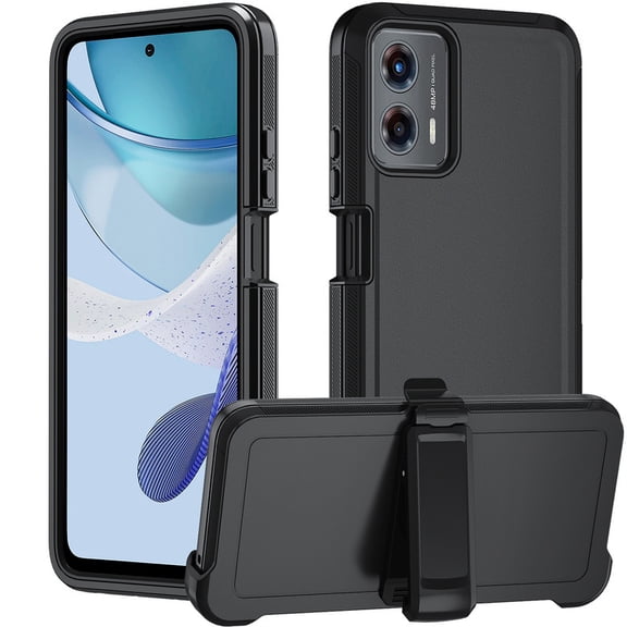 Phone Case for Motorola G Play 4G (2024), Heavy Duty 3-Layer Hybrid Silicone Shockproof Cover with Belt Clip, for Moto G Play 2024 4G Protective Shell, Black