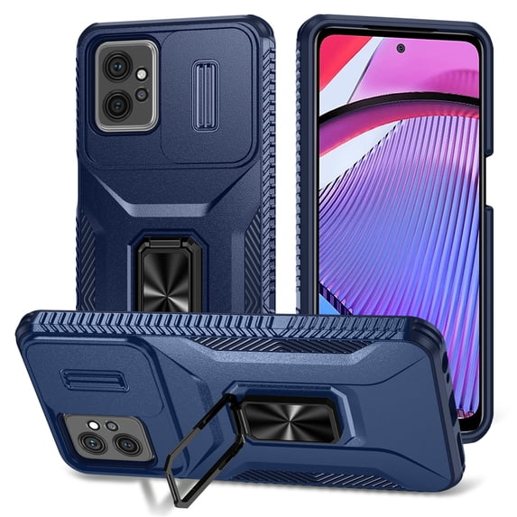 Phone Case for Motorola G Pure with Sliding Camera Cover, with 360° + 100° Free Rotation Metal Finger Ring Bracket, Fit Magnet Car Mount, 2 In 1 Cover for Motorola G Pure, Blue