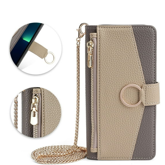 Phone Case for Motorola G Pure Zipper Wallet Cover with Make-up Mirror, Flip Cover PU Leather Ring Card Holder Kickstand Crossbody Strap Chain Cell Phone Case Cover, Gray