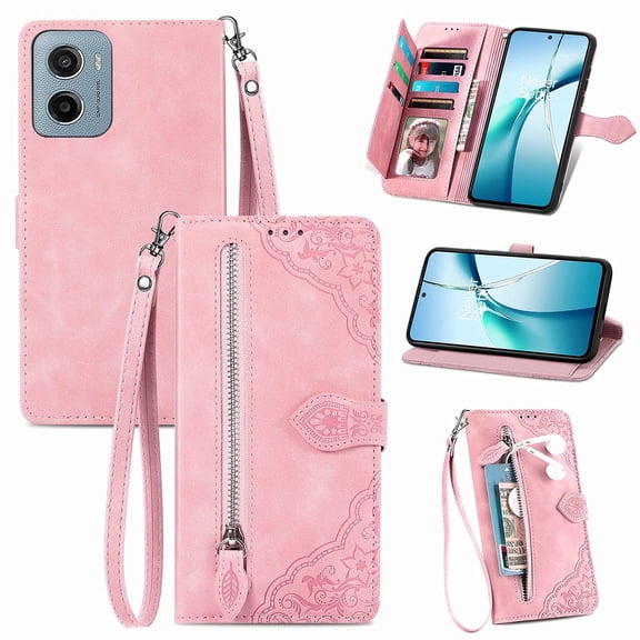 Phone Case for Motorola Moto E15, Shockproof PU Leather Wallet Case with Card Slots Anti-Scratch Stand Magnetic Flip Zipper Pocket Cover for Motorola Moto E15, Pink