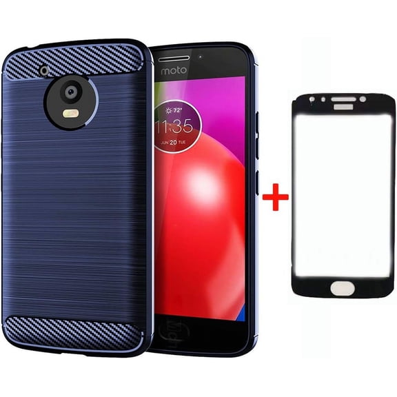 Phone Case for Motorola Moto E4 with Tempered Glass Screen Protector Cover And Cell Accessories Slim Thin Rugged Silicone Protective MotoE4 E 4 4E 4th Generation XT1768 XT1765 Cases Women Men NavyBlue