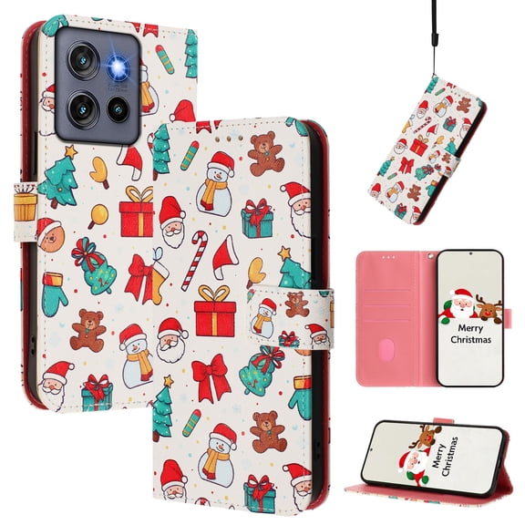 Phone Case for Motorola Moto G 5G 2025, Luxury Christmas Pattern Card Slots Cash Pocket Magnetic Clasp Full Body Protection Shockproof Kickstand Wallet Flip Case with Wrist Strap, A