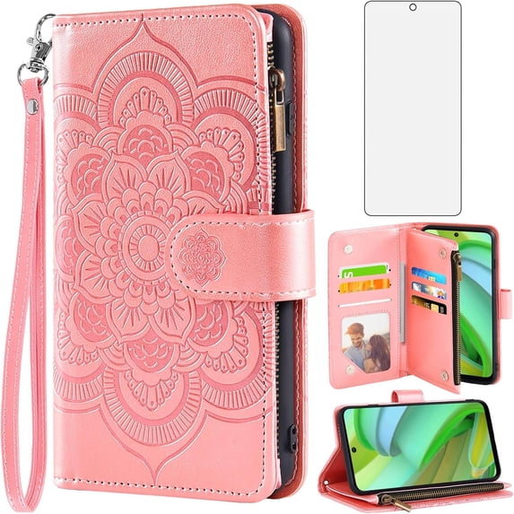 Phone Case for Motorola Moto G Power 5G 2023 Wallet Cover with Tempered Glass Screen Protector and Flower Leather Flip Credit Card Holder Stand Cell Accessories GPower G5 Women Men Rose Gold