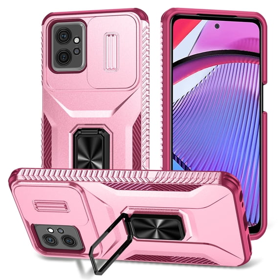 Phone Case for Motorola Moto G Power 5G 2024 with Sliding Camera Cover, with 360° + 100° Free Rotation Metal Finger Ring Bracket, Fit Magnet Car Mount, 2 In 1 Cover for Moto G Power 5G 2024, Pink