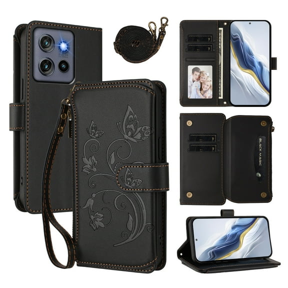 Phone Case for Motorola Moto G Power 5G 2025 Wallet Cell Cover with Wrist & Shoulder Strap, Embossed Flower Flip Zipper Card Holder Slots Stand PU Leather Case for Women Girls Men Women, Black