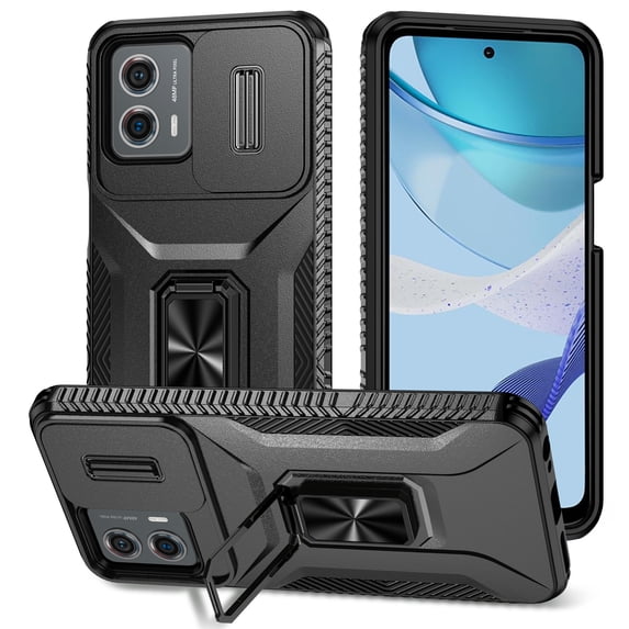Phone Case for Motorola Moto G Stylus 5G 2023 with Sliding Camera Cover, with 360° + 100° Free Rotation Metal Finger Ring Bracket, Fit Magnet Car Mount, 2 In 1 Cover for G Stylus 5G 2023, Black
