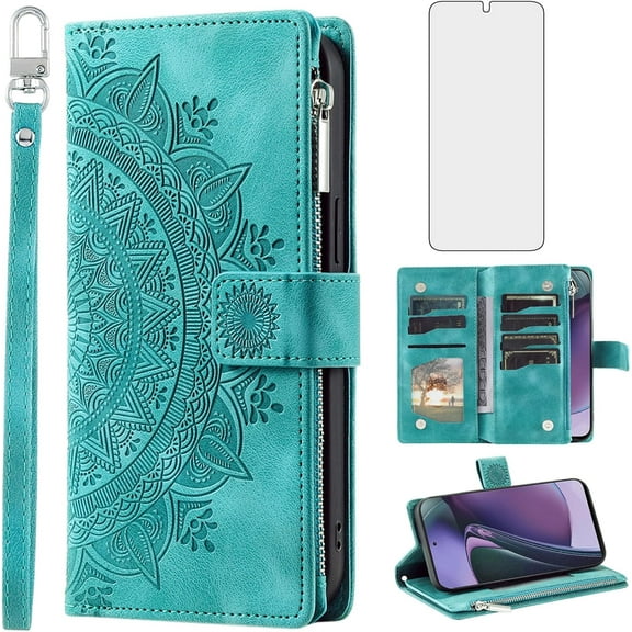 Phone Case for Motorola Moto G Stylus 5G 2023 Wallet Cover with Screen Protector and Wrist Strap Mandala Flower Flip Zipper Credit Card Holder Slot Stand Cell GStylus G5 XT2317DL Women Men Green