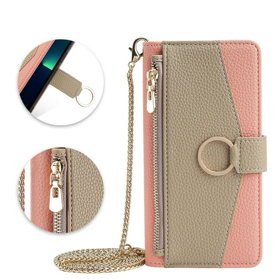 Phone Case for Motorola Moto G Stylus 5G 2024 Zipper Wallet Cover with Make-up Mirror, Flip Cover PU Leather Ring Card Holder Kickstand Crossbody Strap Chain Cell Phone Case Cover, Pink