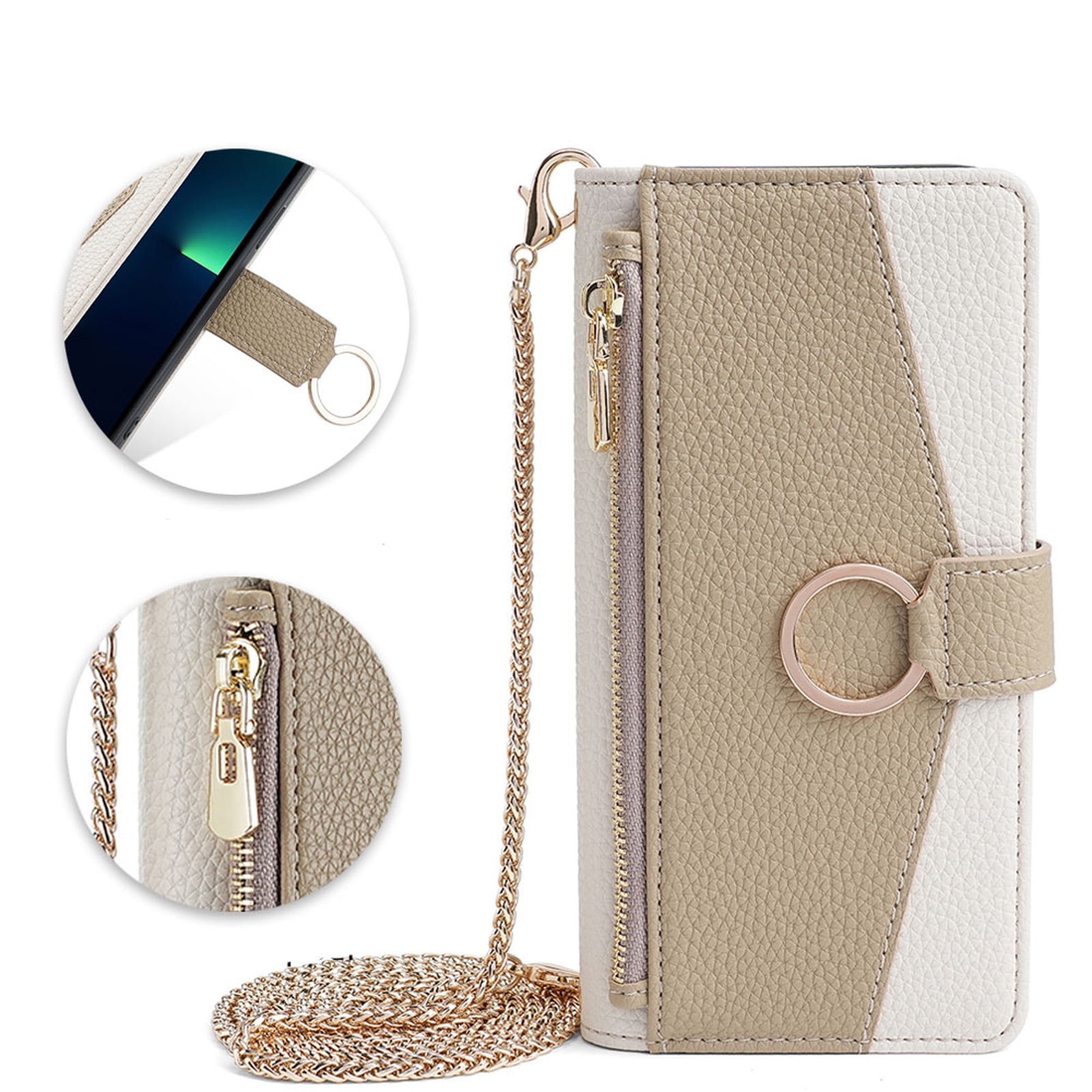 Phone Case for Motorola Moto G Stylus 5G 2024 Zipper Wallet Cover with Make-up Mirror, Flip Cover PU Leather Ring Card Holder Kickstand Crossbody Strap Chain Cell Phone Case Cover, White