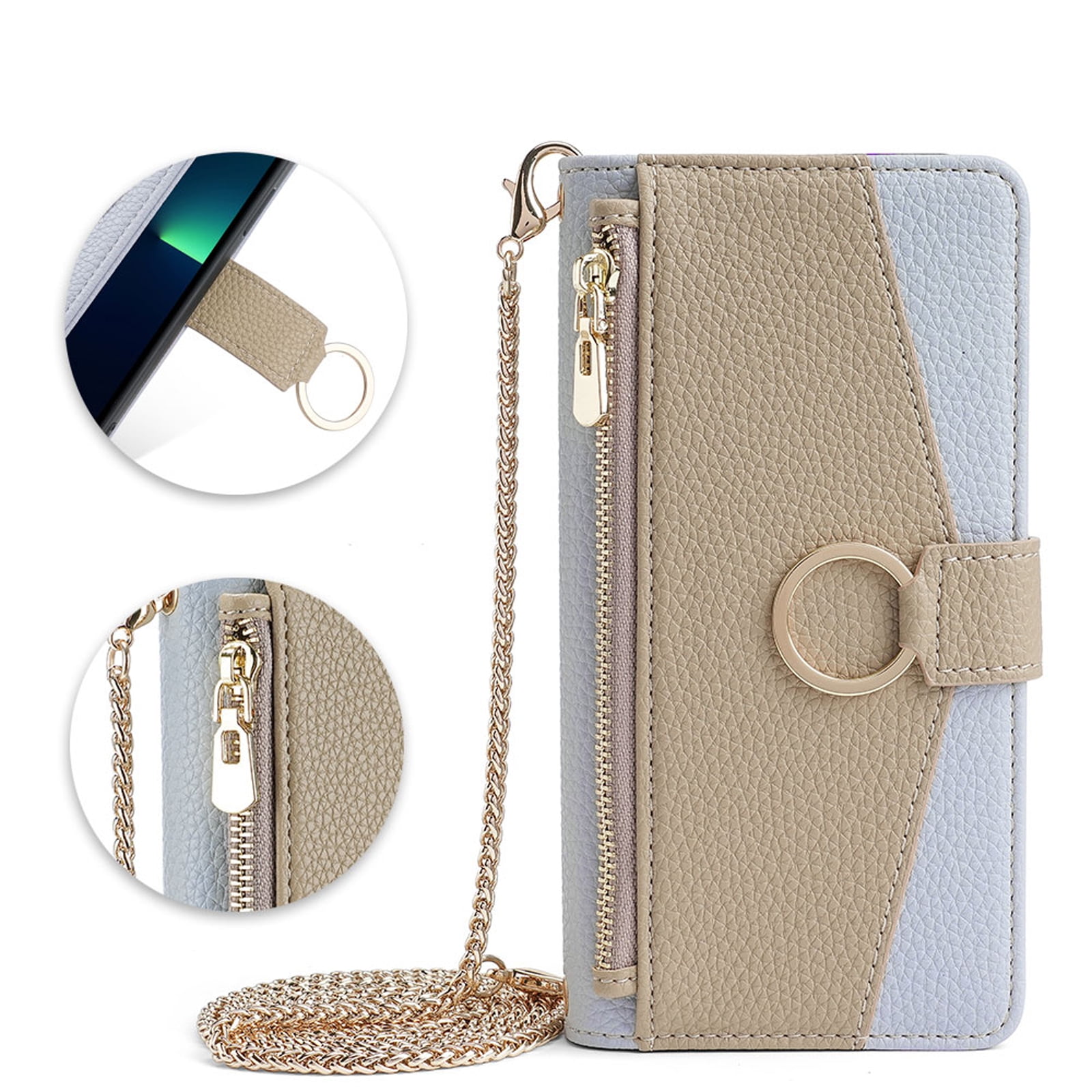 Phone Case for Motorola Moto G Stylus 5G 2024 Zipper Wallet Cover with Make-up Mirror, Flip Cover PU Leather Ring Card Holder Kickstand Crossbody Strap Chain Cell Phone Case Cover, Blue