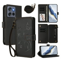 Phone Case for Motorola Moto G Stylus 5G 2025 Wallet Cell Cover with Wrist & Shoulder Strap, Embossed Flower Flip Zipper Card Holder Slots Stand PU Leather Case for Women Girls Men Women, Black