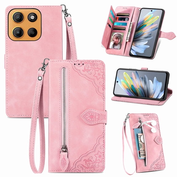 Phone Case for Motorola Moto G15, Shockproof PU Leather Wallet Case with Card Slots Anti-Scratch Stand Magnetic Flip Zipper Pocket Cover for Motorola Moto G15, Pink