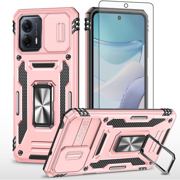 Phone Case for Motorola Moto G53 5G with Tempered Glass Screen Protector and Slide Camera Cover Magnetic Ring Holder Kickstand Cell Accessories Protective Slim 53G G 53 G5 Women Men Rose Gold