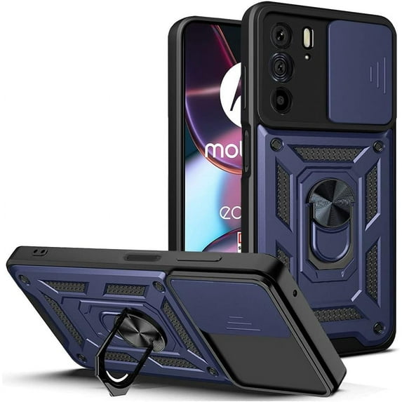 Phone Case for Motorola Moto G62 5G with Slide Camera Window, Heavy Duty Protection Phone Cover Case with Ring Kickstand for Motorola Moto G62 5G SJ Blue