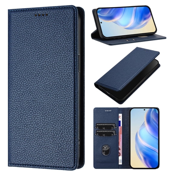 Phone Case for Motorola Moto Signature, Lychee Pattern PU Leather Case with RFID Block Card Slots Stand Magnetic Flip Wallet Cover for Motorola Moto Signature, Dark blue