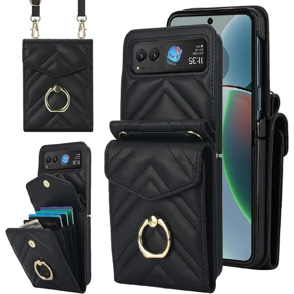 Phone Case for Motorola Razr 40/Moto Razr 2023 Wallet Cover with RFID Blocking Ring Crossbody Wrist Strap Stand Credit Card Holder Leather Purse Cell Accessories XT2323-6 Women Men Girls Black