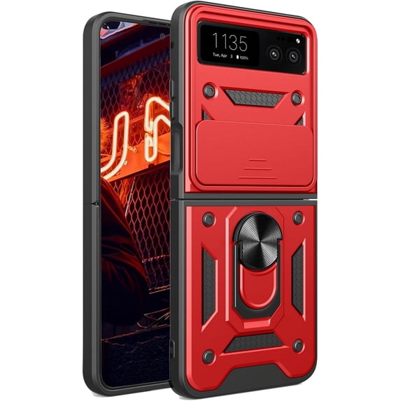 Phone Case for Motorola Razr 40/ Motorola Razr 2023 with Camera Cover, Heavy Duty Protective with Slide Lens Cover & 360° Finger Ring Stable Kickstand Case for Motorola Razr 40 SJ-Red
