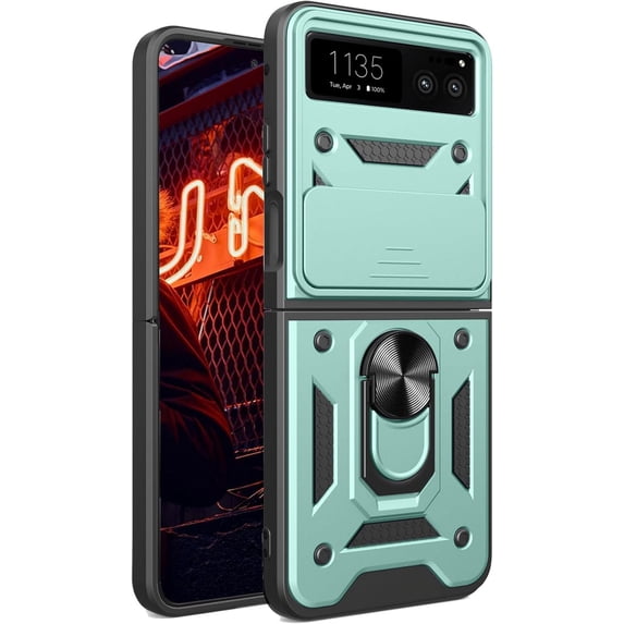 Phone Case for Motorola Razr 40/ Motorola Razr 2023 with Camera Cover, Heavy Duty Protective with Slide Lens Cover & 360° Finger Ring Stable Kickstand Case for Motorola Razr 40 SJ-Green