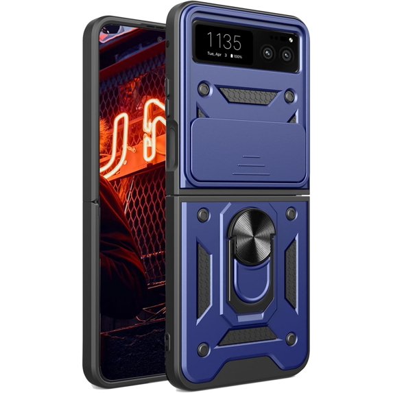 Phone Case for Motorola Razr 40/ Motorola Razr 2023 with Camera Cover, Heavy Duty Protective with Slide Lens Cover & 360° Finger Ring Stable Kickstand Case for Motorola Razr 40 SJ-Blue