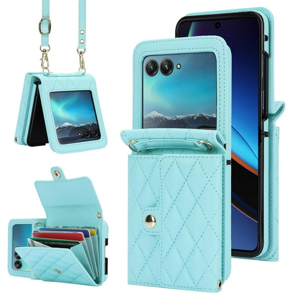 Phone Case for Motorola Razr 40 Ultra/Moto Razr Plus 2023 Wallet Cover with RFID Blocking Crossbody Wrist Strap Credit Card Holder Purse Cell Accessories Razr+ + 5G XT2321-3 Women Girls Teal