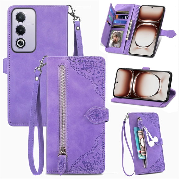 Phone Case for OPPO A3 Pro 5G, Shockproof PU Leather Wallet Case with Card Slots Anti-Scratch Stand Magnetic Flip Zipper Pocket Cover for OPPO A3 Pro 5G, Purple