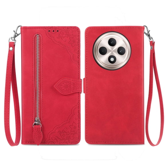Phone Case for OPPO Reno 12F, Shockproof PU Leather Wallet Case with Card Slots Anti-Scratch Stand Magnetic Flip Zipper Pocket Cover for OPPO Reno 12F, Red