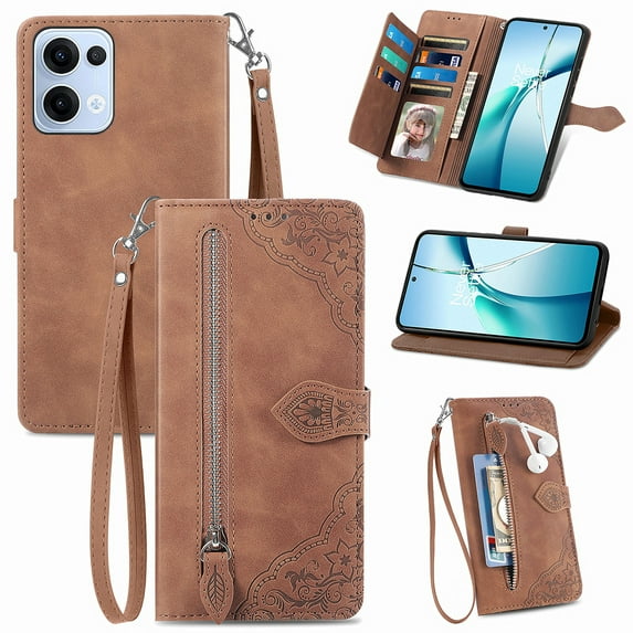 Phone Case for OPPO Reno 13, Shockproof PU Leather Wallet Case with Card Slots Anti-Scratch Stand Magnetic Flip Zipper Pocket Cover for OPPO Reno 13, Brown
