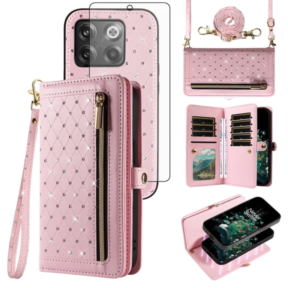 Phone Case for OnePlus 10T 5G/One Plus Ace Pro Zipper Wallet Detachable Cell Cover with Tempered Glass Screen Protector Crossbody Lanyard Strap Bling Glitter Flip Card Holder Slot 1+10T AcePro Pink