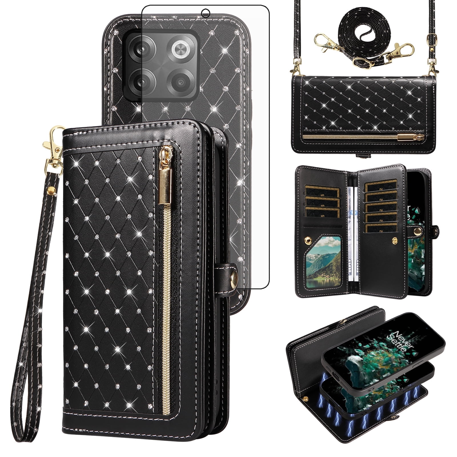 Phone Case for OnePlus 10T 5G/One Plus Ace Pro Zipper Wallet Detachable Cell Cover with Tempered Glass Screen Protector Crossbody Lanyard Strap Bling Glitter Flip Card Holder Slot 1+10T AcePro Black