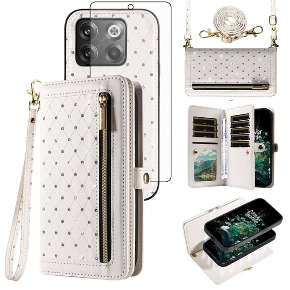 Phone Case for OnePlus 10T 5G/One Plus Ace Pro Zipper Wallet Detachable Cell Cover with Tempered Glass Screen Protector Crossbody Lanyard Strap Bling Glitter Flip Card Holder Slot 1+10T AcePro White