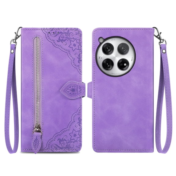 Phone Case for OnePlus 12, Shockproof PU Leather Wallet Case with Card Slots Anti-Scratch Stand Magnetic Flip Zipper Pocket Cover for OnePlus 12, Purple