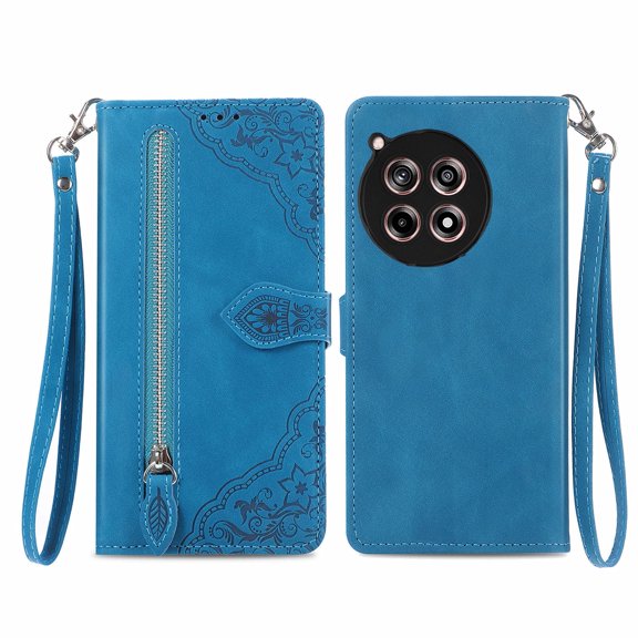 Phone Case for OnePlus 12R, Shockproof PU Leather Wallet Case with Card Slots Anti-Scratch Stand Magnetic Flip Zipper Pocket Cover for OnePlus 12R, Blue