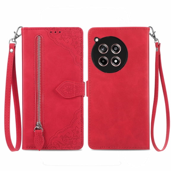 Phone Case for OnePlus 12R, Shockproof PU Leather Wallet Case with Card Slots Anti-Scratch Stand Magnetic Flip Zipper Pocket Cover for OnePlus 12R, Red
