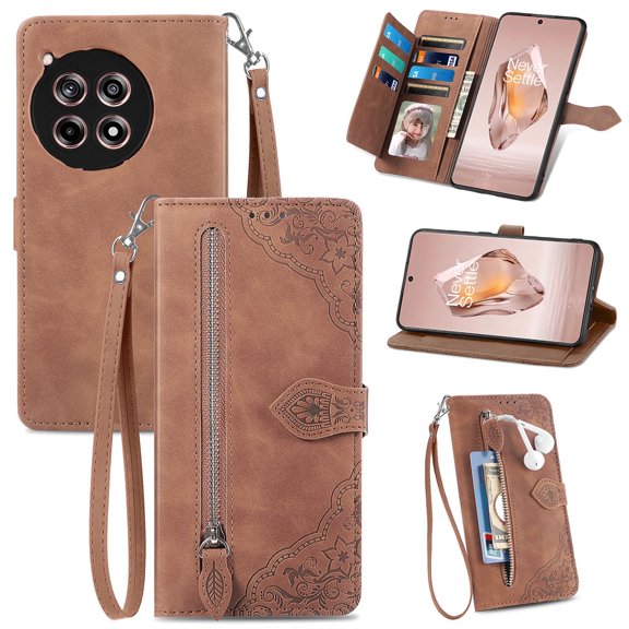 Phone Case for OnePlus ACE 3, Shockproof PU Leather Wallet Case with Card Slots Anti-Scratch Stand Magnetic Flip Zipper Pocket Cover for OnePlus ACE 3, Brown