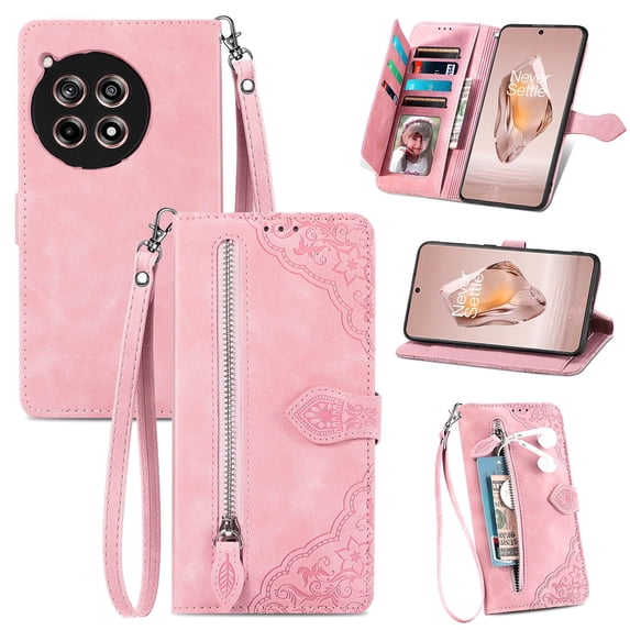 Phone Case for OnePlus ACE 3, Shockproof PU Leather Wallet Case with Card Slots Anti-Scratch Stand Magnetic Flip Zipper Pocket Cover for OnePlus ACE 3, Pink