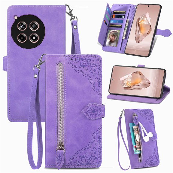 Phone Case for OnePlus ACE 3, Shockproof PU Leather Wallet Case with Card Slots Anti-Scratch Stand Magnetic Flip Zipper Pocket Cover for OnePlus ACE 3, Purple