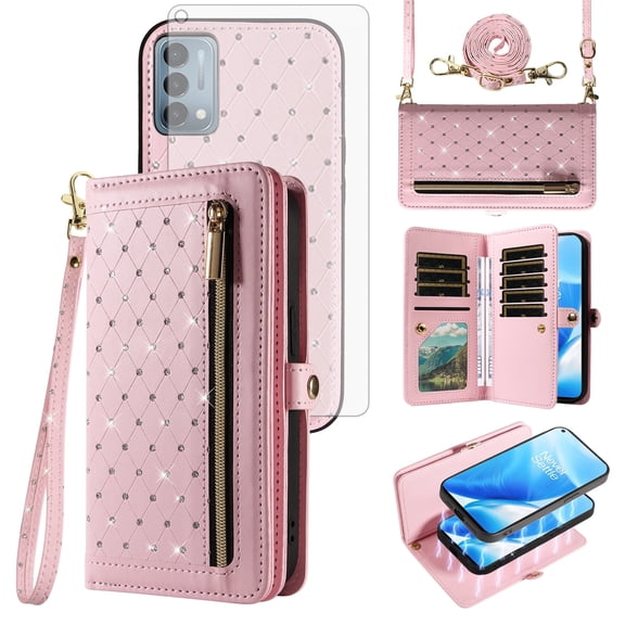 Phone Case for OnePlus Nord N200 5G Zipper Wallet Detachable Cell Cover with Tempered Glass Screen Protector Crossbody Lanyard Strap Bling Glitter Flip Card Holder Slot One Plus N 200 G5 Women Pink