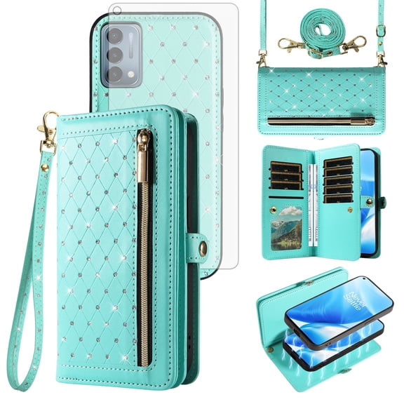 Phone Case for OnePlus Nord N200 5G Zipper Wallet Detachable Cell Cover with Tempered Glass Screen Protector Crossbody Lanyard Strap Bling Glitter Flip Card Holder Slot One Plus N 200 G5 Women Green