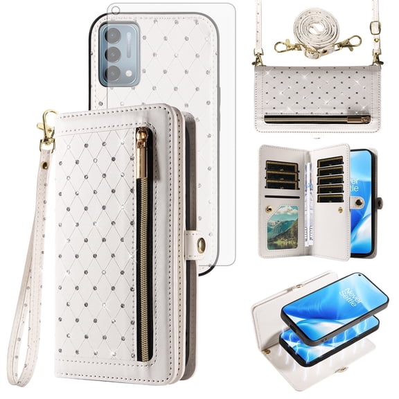 Phone Case for OnePlus Nord N200 5G Zipper Wallet Detachable Cell Cover with Tempered Glass Screen Protector Crossbody Lanyard Strap Bling Glitter Flip Card Holder Slot One Plus N 200 G5 Women White