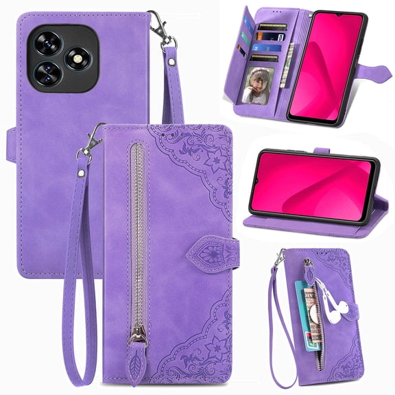 Phone Case for Oukitel C51, Shockproof PU Leather Wallet Case with Card Slots Anti-Scratch Stand Magnetic Flip Zipper Pocket Cover for Oukitel C51, Purple