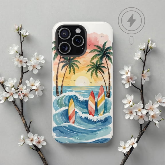 Phone Case: Palm Tree With Blue Stripe Coastal Design And Summer Vacation Aesthetic