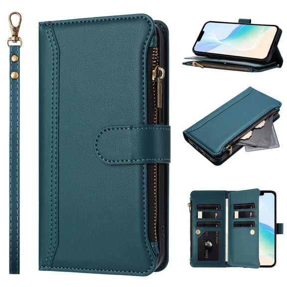 Phone Case for Realme P4 Power 5G, Shockproof PU Leather Wallet Case with 9 Card Slots Anti-Scratch Stand Magnetic Flip Zipper Pocket Cover for Realme P4 Power 5G, Dark green