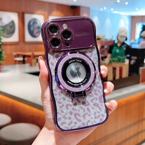 Phone Case Ring Stand Case Compatible with iPhone 15 Plus Plating Case with Lens Protector, Glitter Shiny Leopard Print Paper Clear Anti-Scratch Stylish Case for iPhone 15 Plus - Darkpurple