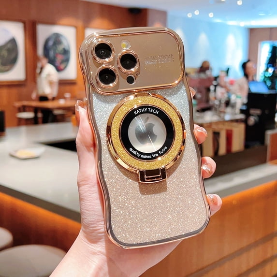Phone Case Ring Stand Case Compatible with iPhone 16 Plus Plating Case with Lens Protector, Glitter Shiny Paper Clear Anti-Scratch Stylish Phone Case for iPhone 16 Plus - Gold