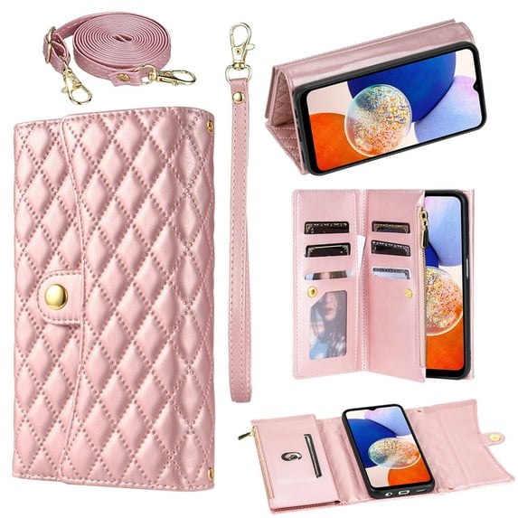 Phone Case for Samsung A14 5G,Wallet Case Women 【RFID Blocking】 Crossbody Strap PU Leather Zipper with Wrist Lanyard Magnetic Flip Cover Credit Card Holder for Samsung Galaxy A14 5G, Rosegold