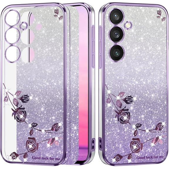 Phone Case for Samsung A15 5G Case Clear Glitter Soft, Aesthetic Samsung Galaxy A15 Case Silicone Soft Flower Transparent Shockproof Cover Purple Slim (Purple)