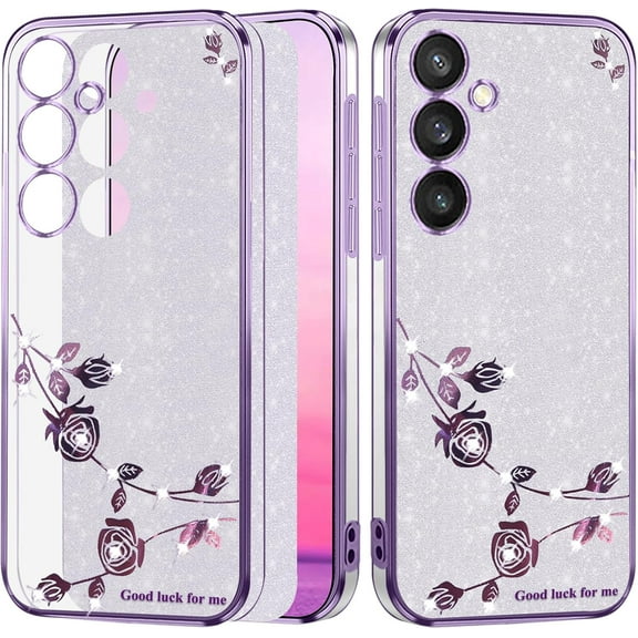 Phone Case for Samsung A35 Case Clear Glitter Sparkle Aesthetic Samsung Galaxy A35 5g Case Silicone Soft Flower Transparent Shockproof Cover Purple Slim (Silver-Purple)