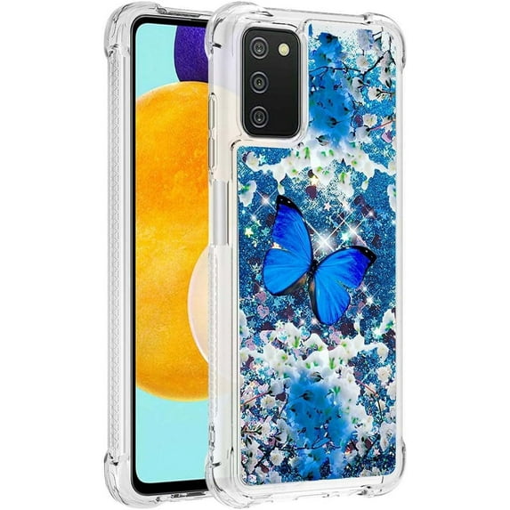 Phone Case for Samsung Galaxy A03S,Crystal Bling Quicksand Effect TPU Bumper Case with Four Corners Drop Protection Cover for Samsung Galaxy A03S,YBDT Blue Butterfly
