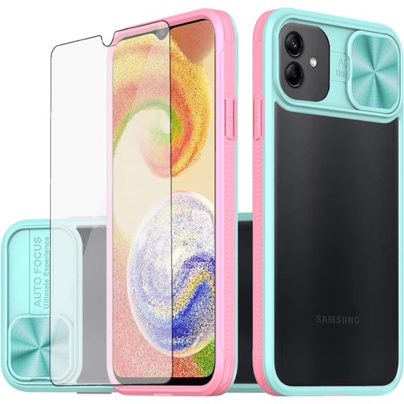 Phone Case for Samsung Galaxy A04e with Tempered Glass Screen Protector Cover and Camera Cover Slide 360 Full Body Protection Slim Clear Bumper Cell Accessories AO4e A 04e Women Men Sky Blue
